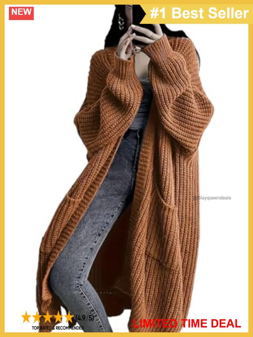 Womens Long Open Front Chunky Cable Knit Cardigan Duster with Pockets